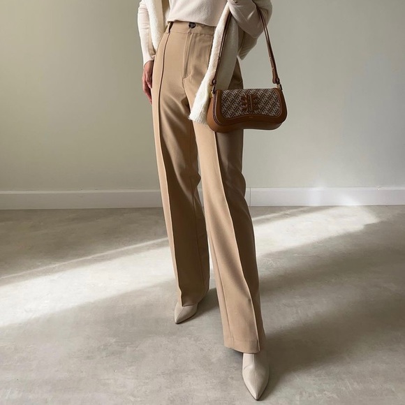 Zara straight leg trouser pants in beige tan blogger style aritzia frankie shop - Picture 2 of 8
